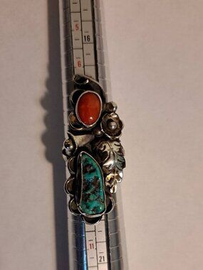 Phil Chapo Vintage Sterling Silver Navajo Coral and Turquoise Ring Size 8.5